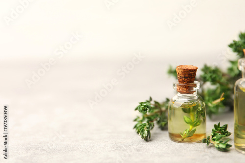 Bottles of thyme essential oil with fresh herbs on gray table, closeup. Space for text