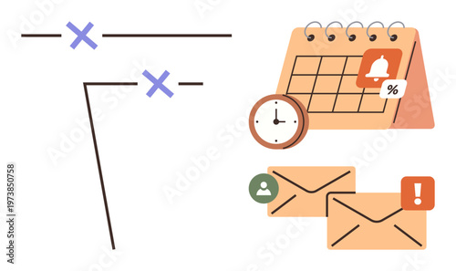 Time management, organization, scheduling, reminders, task prioritization, workflow optimization. Calendar with reminders, clock envelopes and cross marks. Time management and organization concept