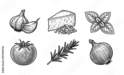 Set of retro hand drawn Italian ingredients. Engraving style vector illustrations of tomato, garlic, cheese, and herbs for menus, recipes, or food packaging design.