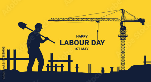 Labour day construction worker silhouette with tower crane background