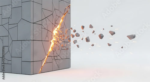 Exploding concrete block with flying debris and fiery explosion on a white background its illustration only