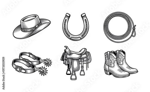 A set of vintage cowboy equipment icons in a retro engraving style. Includes hat, boots, horseshoe, and saddle. Perfect for western, country, or rodeo themed designs and logos.