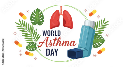 World asthma day illustration lungs inhaler and tropical foliage