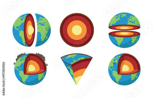 A vector set of Earth's inner structure illustrations. Shows planet core, mantle, and crust layers. Perfect for science, geology, and educational infographics or presentations.