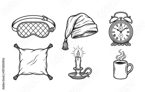A hand-drawn vintage vector set of sleep icons. Includes alarm clock, pillow, nightcap, mask, candle, and mug. For bedtime, rest, and morning routine concepts.