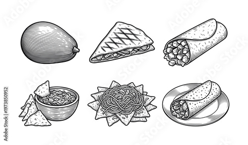 Set of Mexican food illustrations in a vintage, hand-drawn engraving style. Includes burrito, nachos, quesadilla. Perfect for restaurant menus, packaging, or food branding.