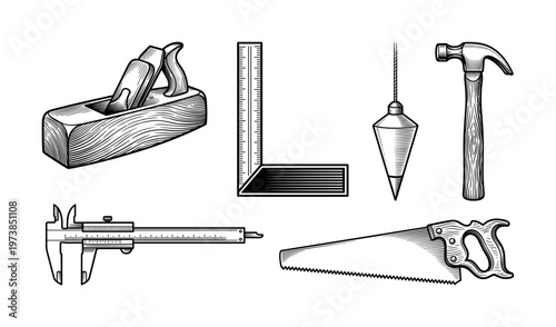 A set of vintage carpentry tools in a retro engraving style. This vector illustration is perfect for logos, DIY, workshop, and craft concepts. Includes hammer, saw, plane.