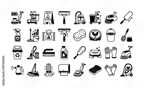 A comprehensive set of bold black icons representing cleaning service tools and equipment. Perfect for janitorial business websites, housekeeping apps, and hygiene infographics.