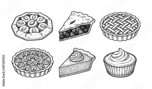 A collection of hand-drawn vintage bakery illustrations. This set includes pies, tarts, and a cupcake in an engraving style. Perfect for menus, logos, and packaging design.