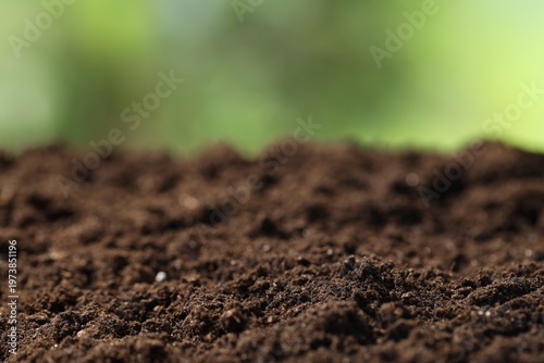 Fresh soil on blurred background, closeup. Space for text
