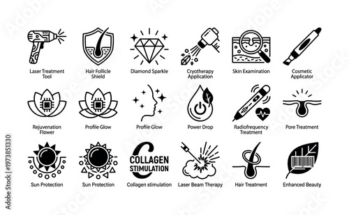 Modern vector icons for beauty and dermatology services. Includes symbols for skincare, laser treatment, collagen, and rejuvenation. Perfect for websites, apps, and marketing.