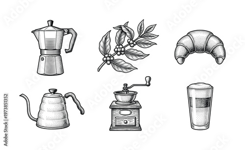 Vintage coffee set with moka pot, grinder, kettle, croissant, latte, and coffee plant. Hand-drawn engraving style illustration for cafe menu, packaging, or branding.