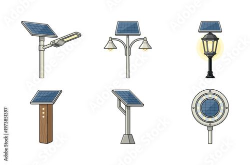 A set of six solar-powered street and garden lights. Vector illustrations showing renewable energy technology for sustainable urban lighting and outdoor environments.