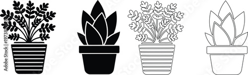 Set of potted plant icons, black and outline houseplant vector illustration collection for home decorSet of potted plant icons, black and outline houseplant vector illustration collection