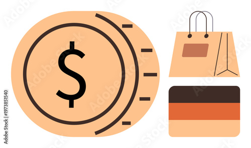 E-commerce, online transactions, financial growth, digital payments, retail shopping, business operations. Dollar symbol with shopping bag and card icon. E-commerce and online transactions concepts