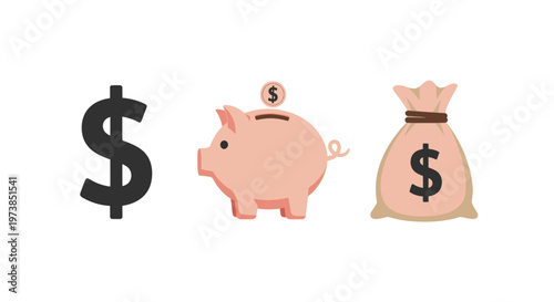 Piggy Bank Money Bag Vector Illustration Dollar Sign Finance