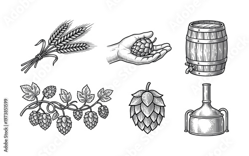 A vector set of vintage beer brewing icons in an engraved style. Includes hops, wheat, barrel, and kettle. Ideal for craft brewery branding, labels, and pub menus.