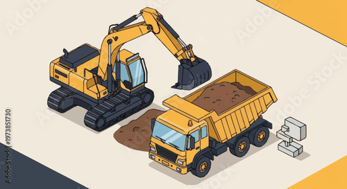 Yellow excavator and dump truck working.