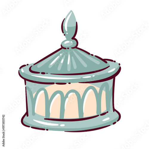 Sugar bowl with lid for kitchen table setting. Decorative sugar jar for granulated sugar storage, baking ingredient container. Doodle kitchenware object, cartoon vector illustration.