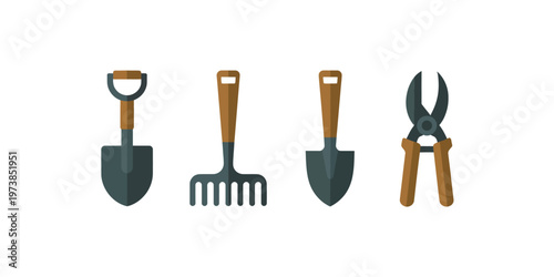 Gardening Tools Set Flat Vector Shovel Rake Trowel Pruning Shears Isolated on White for Landscaping and Horticulture Design