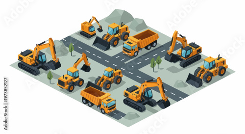 Yellow construction vehicles on road site.