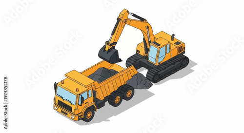 Yellow excavator and dump truck machines.