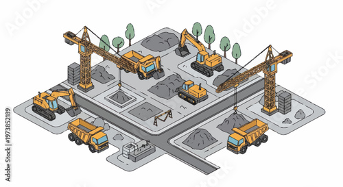 Construction vehicles on a site.