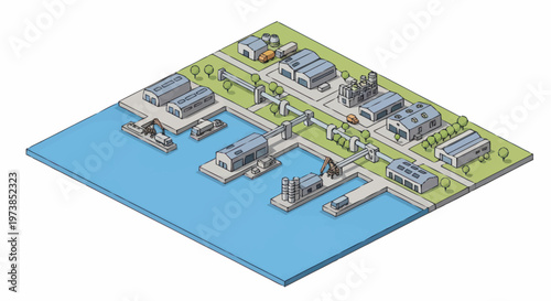 Industrial harbor with cargo ships docked.