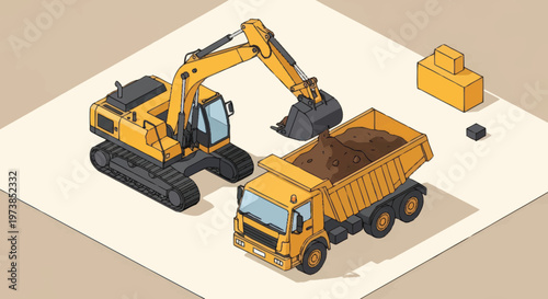 Yellow excavator and dump truck vehicles.