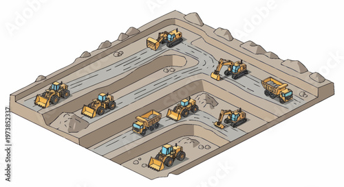 Construction site with many trucks working.