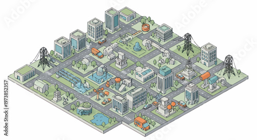 City infrastructure with roads and buildings.