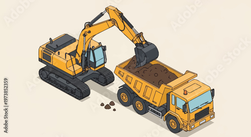 Yellow excavator and dump truck.
