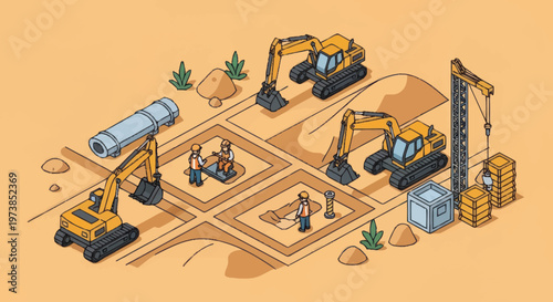 Construction site with excavators working.
