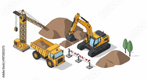 Yellow construction vehicles on site.