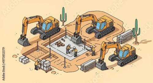 Excavators at a construction site operation.