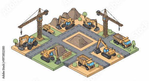 Construction site with cranes and trucks.