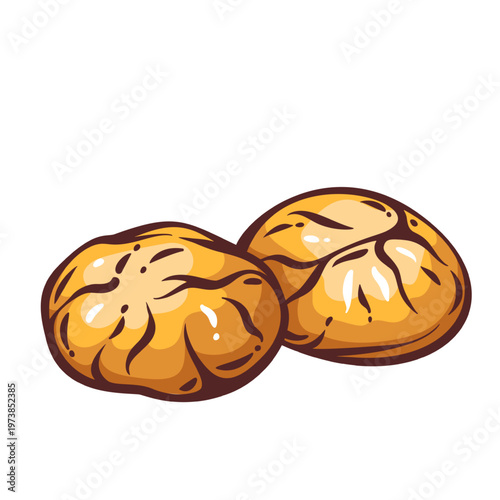 Sweet buns pair, round bakery pastry with glazed crust and soft texture, baked bread product for cafe menu and shop branding, modern retro outline style, vector illustration