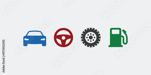 Automotive Service Icons Featuring Car Steering Wheel Gear and Fuel Pump for Transportation and Repair Concepts