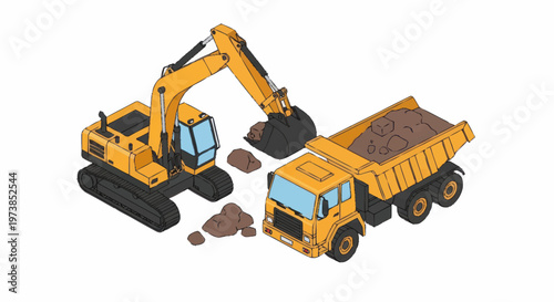Yellow excavator and dump truck machines.