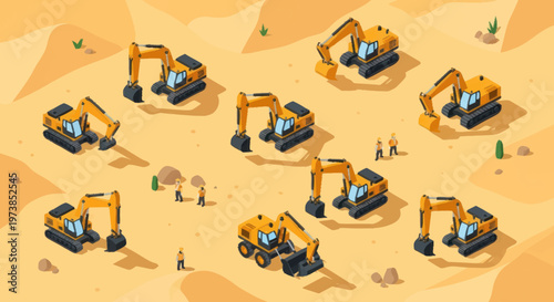 Yellow excavators in a desert landscape.