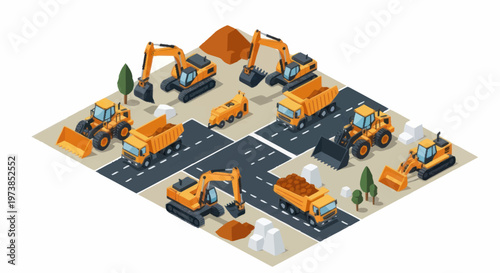 Construction vehicles on road site.