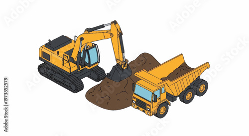 Yellow excavator and dump truck.