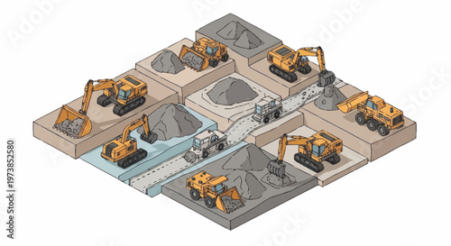 Yellow construction excavators at quarry site.