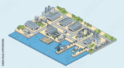 Industrial harbor with cargo ships docked.