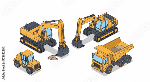 Yellow Construction Machinery Equipment Vehicles.