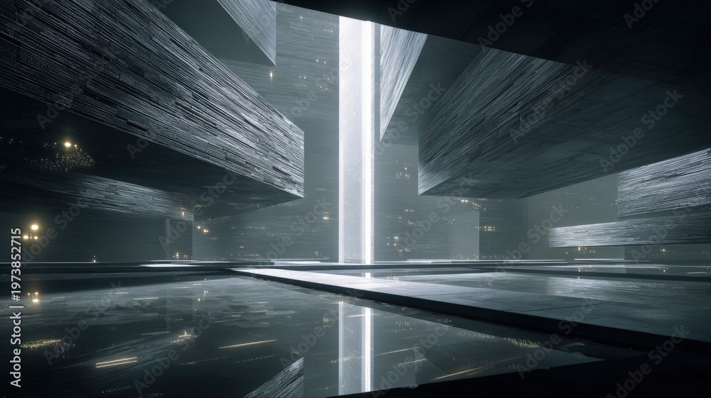 Fototapeta premium Futuristic abstract architectural design with dramatic light shaft and reflective surfaces