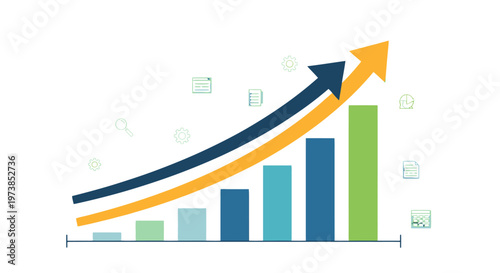 A colorful bar graph with arrows.