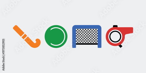 Sports Equipment Icons Set Hockey Stick Whistle Goal Net Athletic Game Symbols