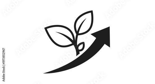 A black line drawing of a growing plant with an upward arrow.