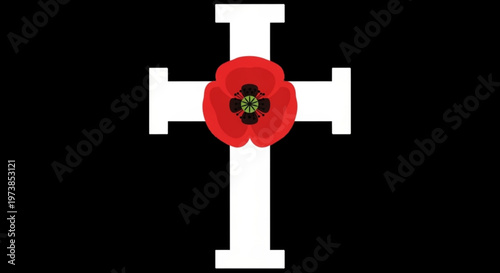 A white cross with a red poppy on a black background, symbolizing remembrance and respect.